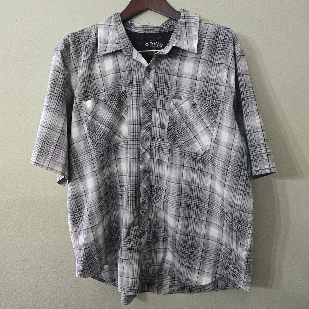 Orvis Mens Classic Collection XXL Black Pld Short Sleeve Button Up Shirt Pockets